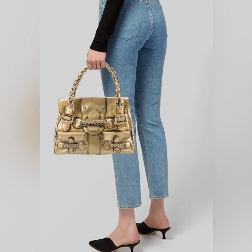 🟠NWT VALENTINO GARAVANI Histoire Braided Handle Patent Leather Satchel in Gold